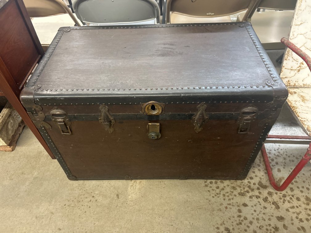 Flat-Top Steamer Trunk with Studded Metal Hardware