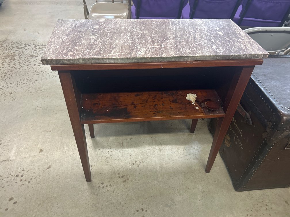 Marble-Top Wooden Side Table with Painted Landscape Panels