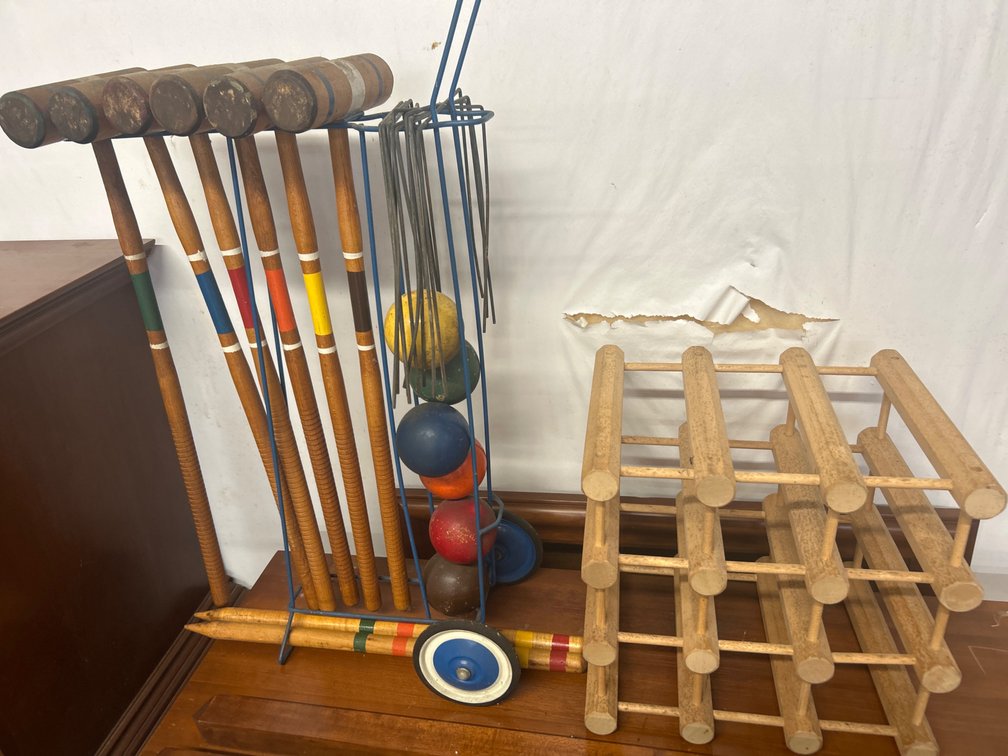 Croquet Set in Rolling Cart and Wooden Wine Rack