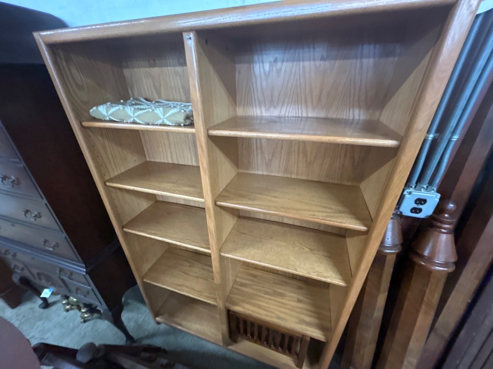 Oak Double-Bay Bookcase with Slatted Wood Stand and Textile