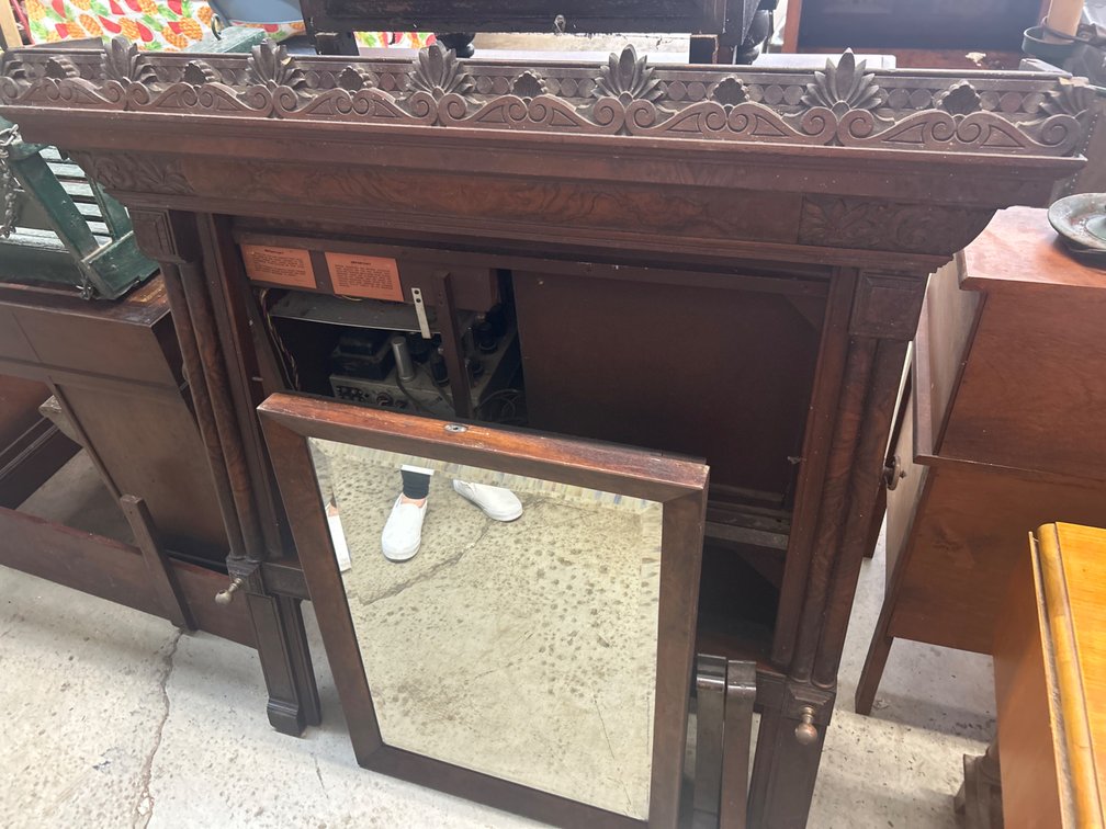 Carved Wood Architectural Cabinet with Mirror