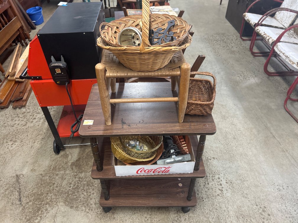Three-Tier Rolling Cart, Footstool, Baskets, and More