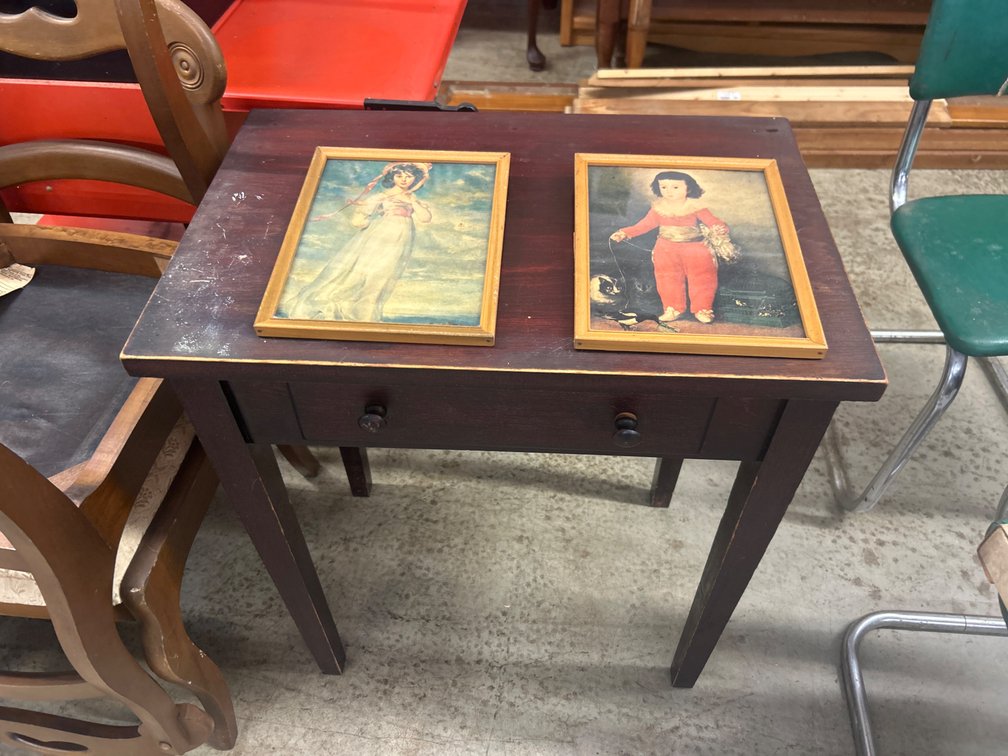 Wood Single-Drawer Side Table and Two Framed Art Prints