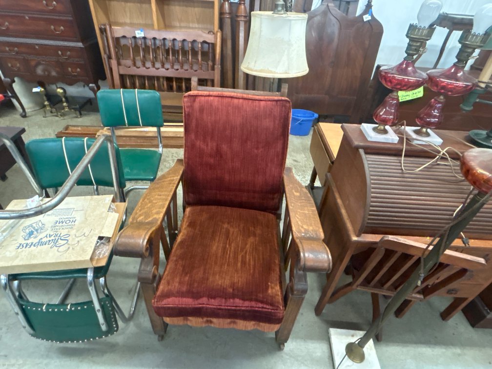 Oak Morris Chair and Bridge Arm Floor Lamp