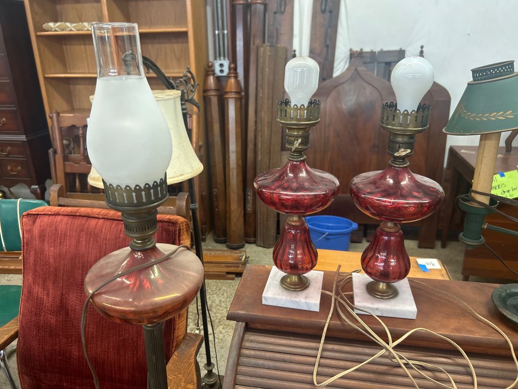 Three-Piece Red Glass and Marble Lamp Set