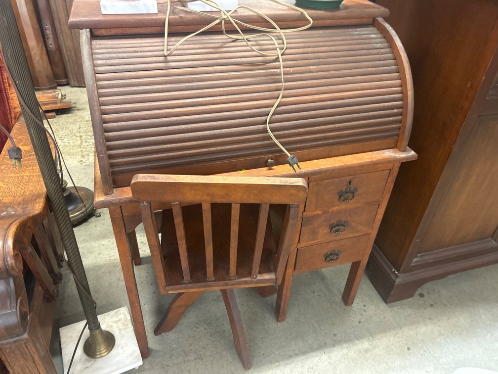 Miniature Wooden Roll-Top Desk and Swivel Chair