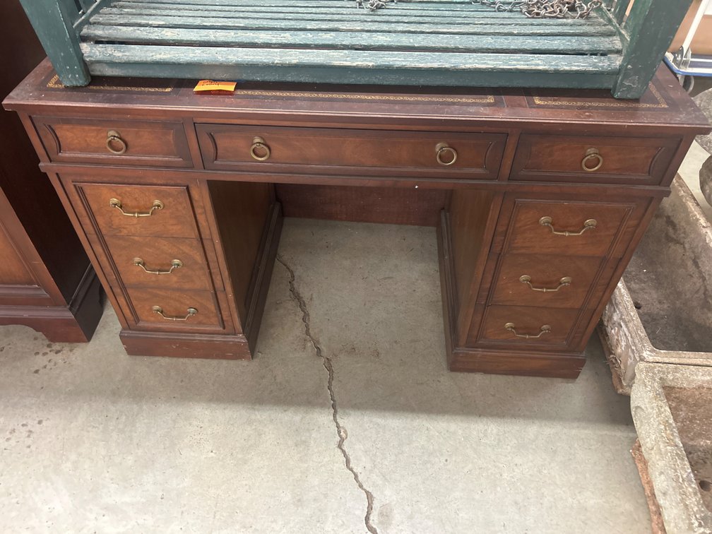 Nine-Drawer Double Pedestal Desk with Tooled Leather Top