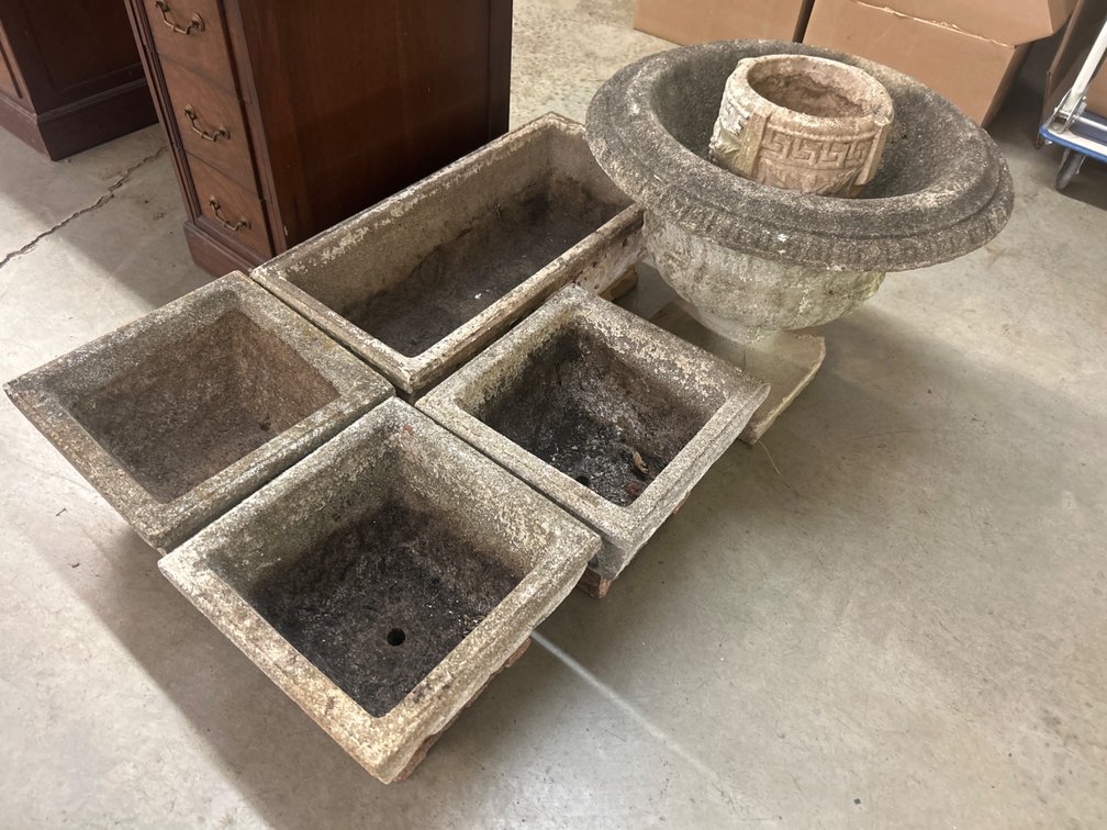 Cast Concrete Garden Planters and Pedestal Urn