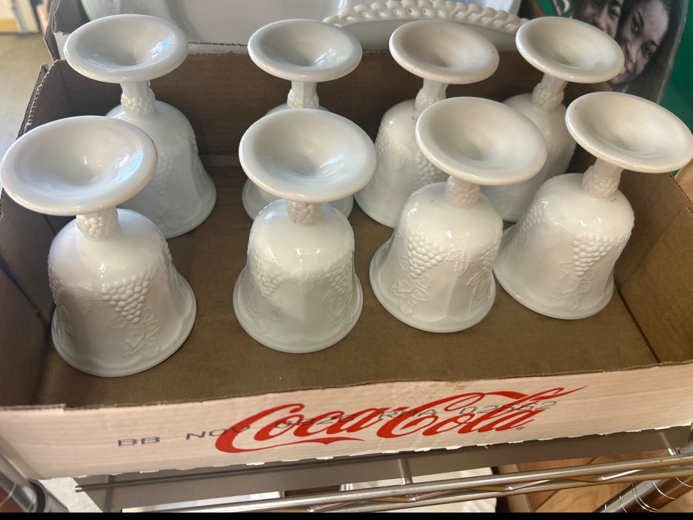 Milk Glass Stemmed Goblets with Embossed Grape Motif