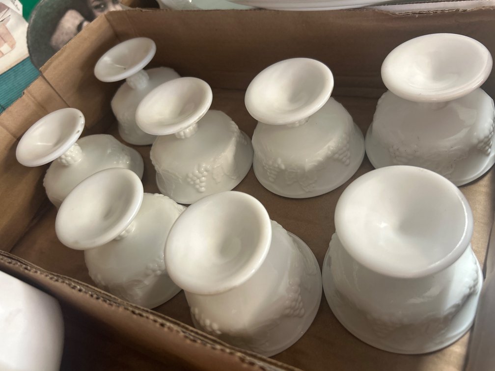 White Milk Glass Footed Cups with Grape Pattern