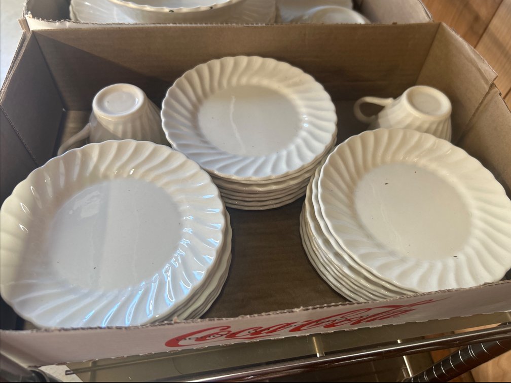 White Ceramic Dish Set with Swirling Scalloped Rims