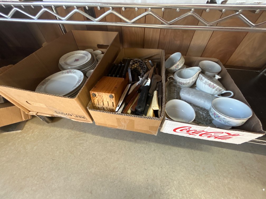 Lot of 3 boxes full of China Dishware, Knife Block with Cutlery, and Glassware