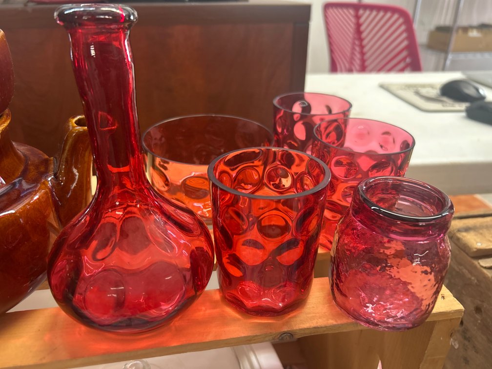 Ruby Red Thumbprint Glassware and Ceramic Teapot