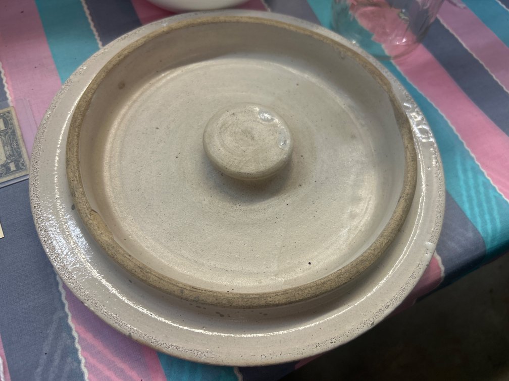 Beige Glazed Stoneware Crock Lid with Knob