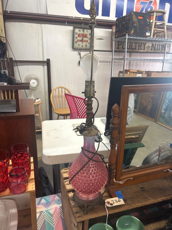 Pink Hobnail Glass Table Lamp with Cast Metal Base
