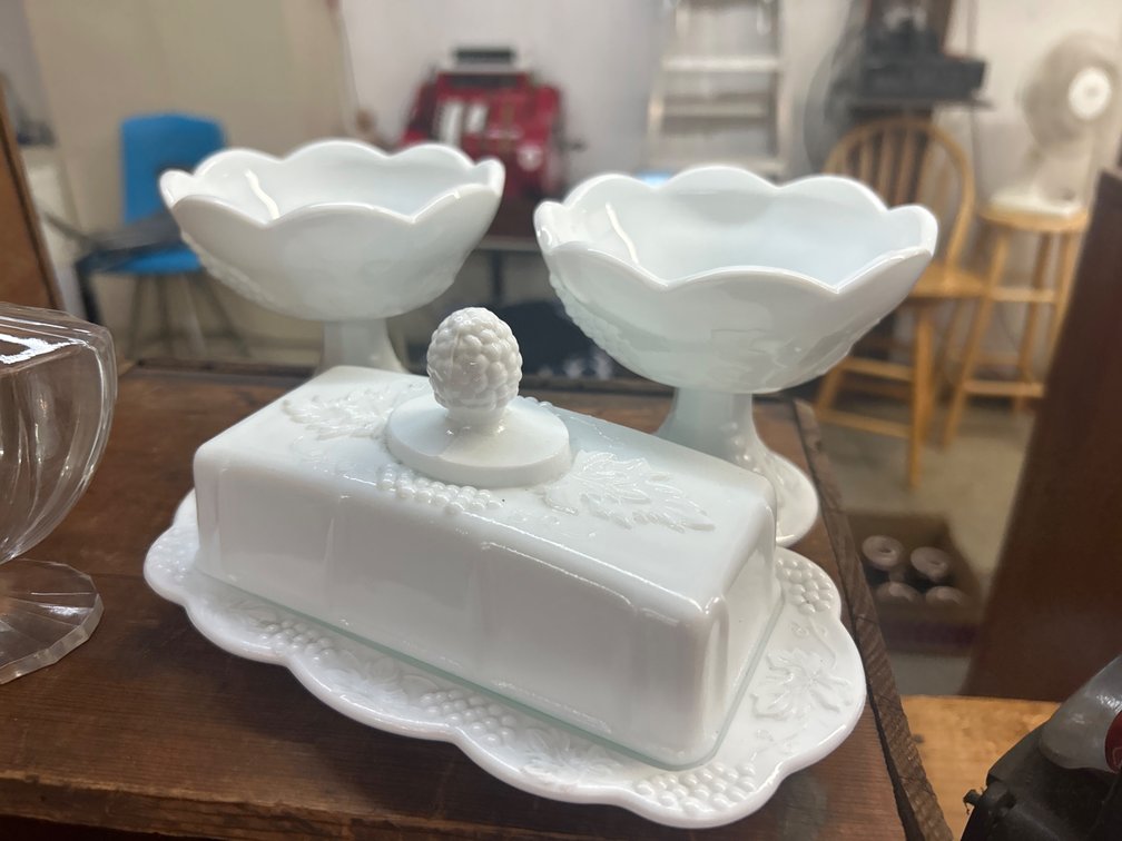 White Milk Glass Butter Dish and Pedestal Compotes