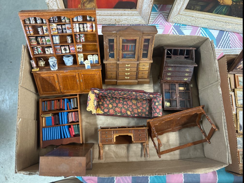 Lot of 4 Boxes Full of Dollhouse Miniature Wooden Furniture, Art, and Accessories
