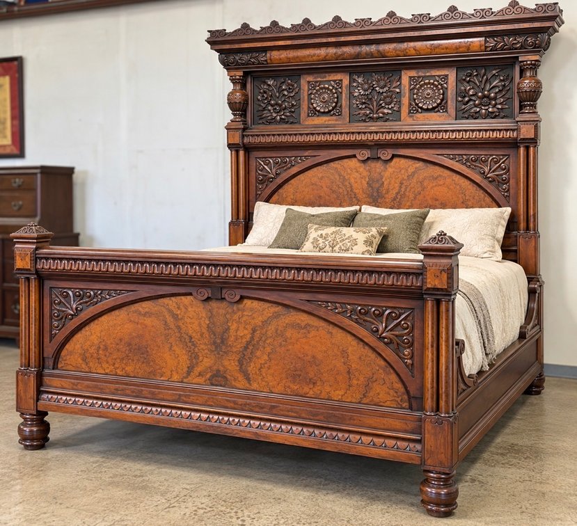 Monumental Victorian Renaissance Revival Carved Walnut & Burl Walnut Bed
