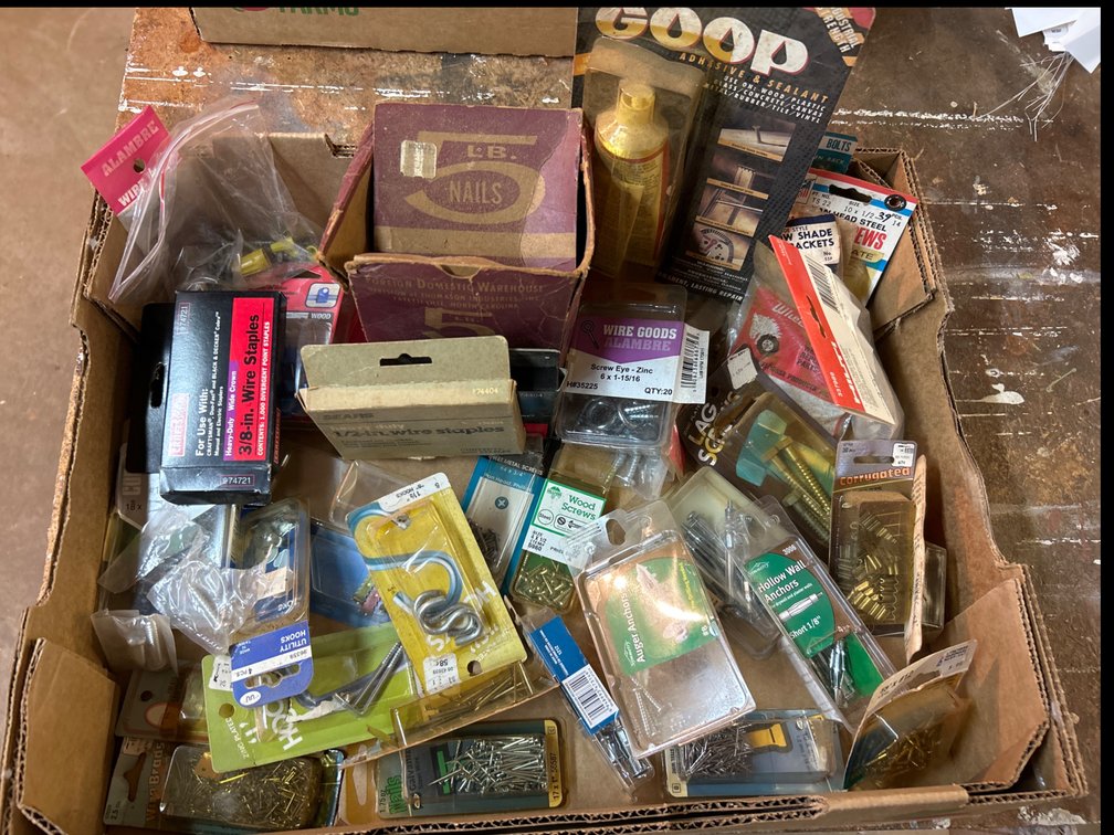 Box Lot of Screw, Nails, Glue, etc.