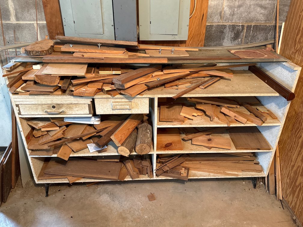 Shelves of misc wood pieces