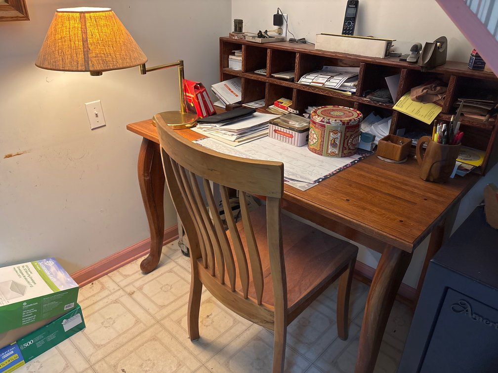 Table desk, chair, and lamp