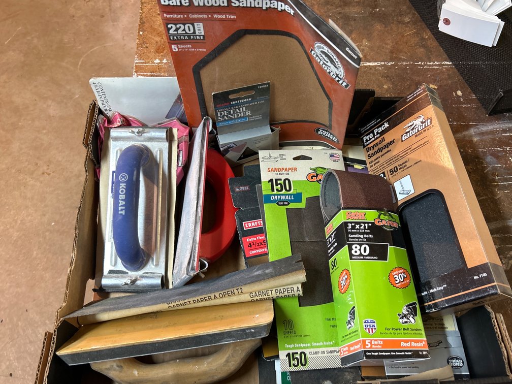 Box Lot of Hand Sanders and Sand Paper