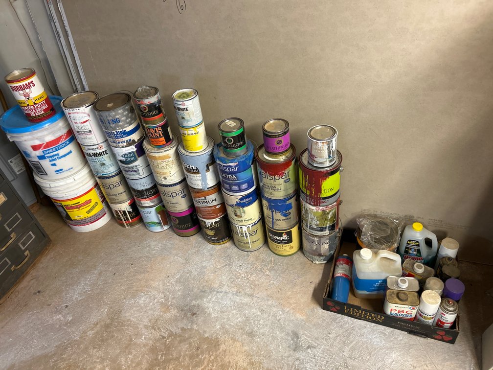 Lot of Paint Cans and Paint Spray Cans
