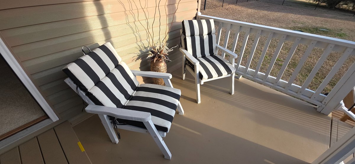Wood Outdoor Chairs with Cushions (2) & Vase Decor