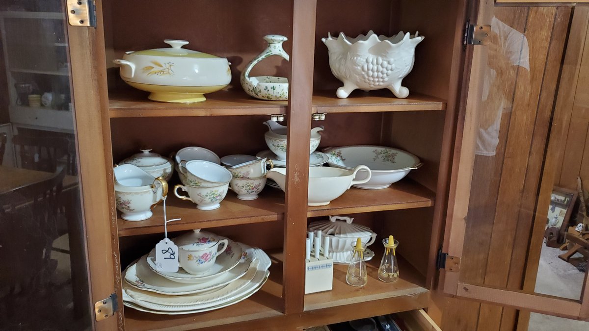 Vintage Glass Plates, Cups, Bowls (3 Shelves)