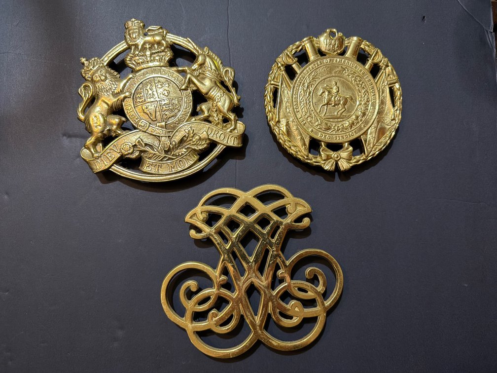 Vintage Virginia Metalcrafters Solid Brass Trivets Lot of 3 - Jefferson Cipher, King's Arms & Confederacy