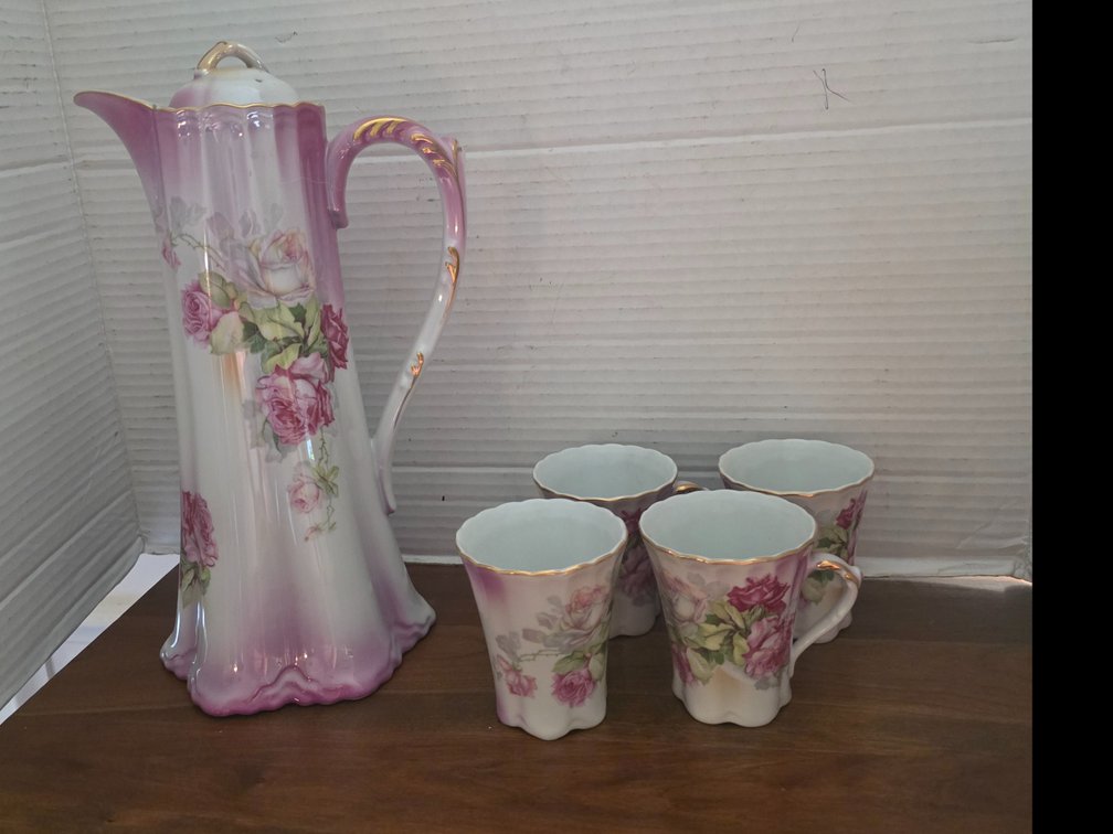 Nippon Vintage Hand-painted Porcelain Chocolate Pot,  4 Cups  delicate pink rose motif and gold trim.