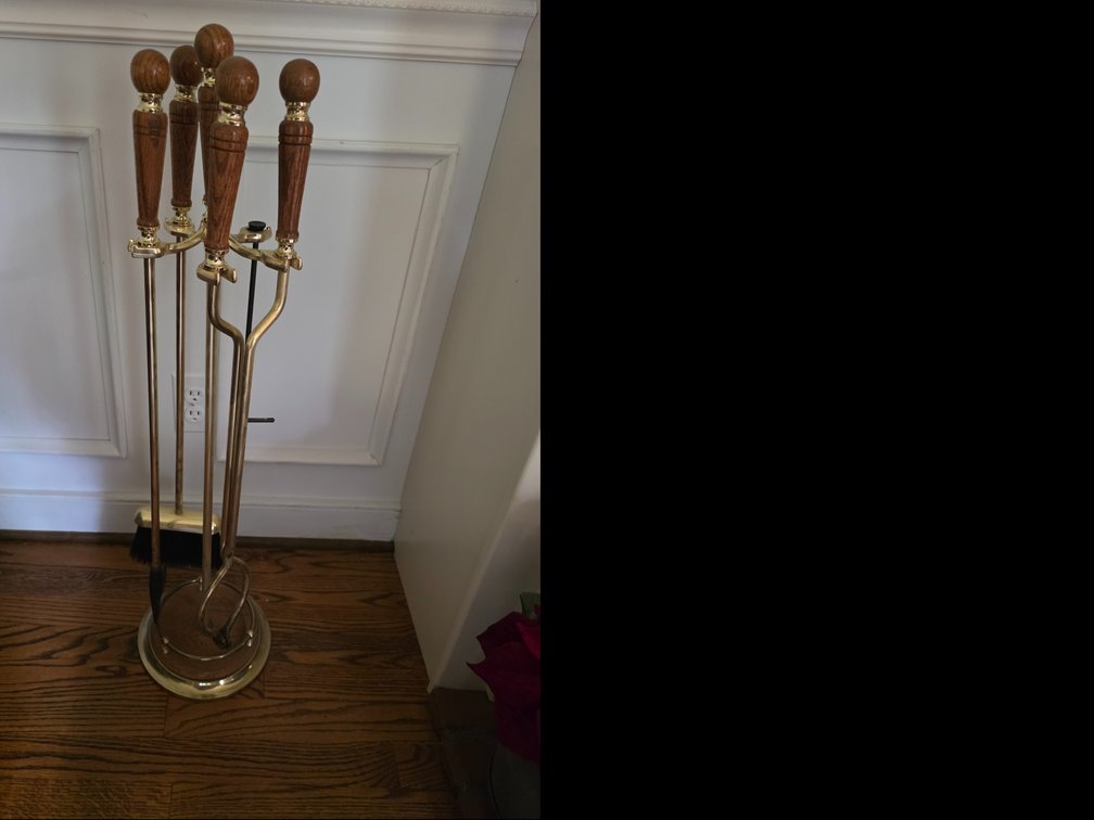 Vintage Brass and Oak Wood Fireplace Tools Stand: 4 Gold Tone Mantelpieces, Shovel, Broom, Tongs, Poker/Heavy (33”H-7.5”Round Base