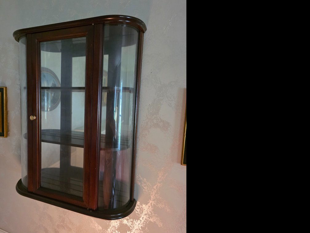 Wall Hanging curved Curio  Cabinet  with glass  Front and sides and wood Shelfs
