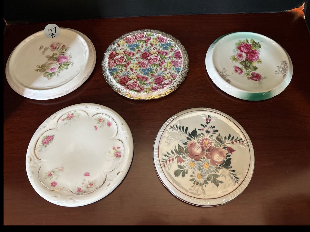 5 antique porcelain trivets; plate, cup & saucer