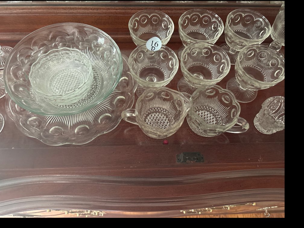 Shelf lot of vintage pattern glass