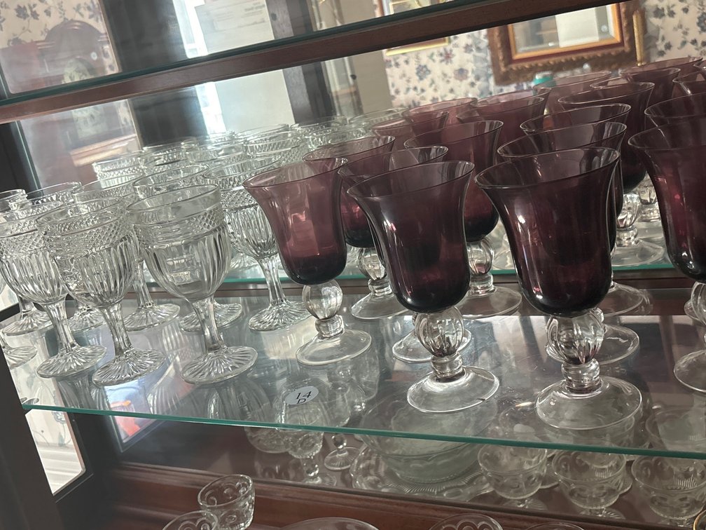 Shelf lot of stemware, some crystal; amethyst