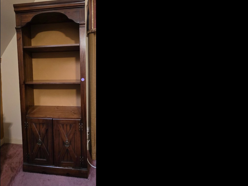 Dark-Stained wooden bookcase with open upper shelves and lower cabinet doors featuring distinctive raised X-molding.Product