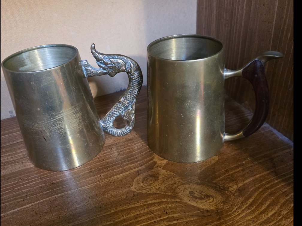 Brass Mugs, Dragon Handle,  Wood Handle