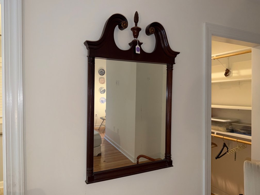 Vintage Federal Style Mahogany Wall Mirror with Scroll Top and Finial