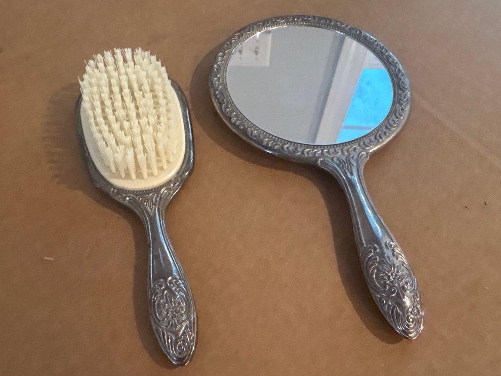 Silver Plated Vanity Dresser Set – Floral Embossed Hand Mirror & Hairbrush Pair