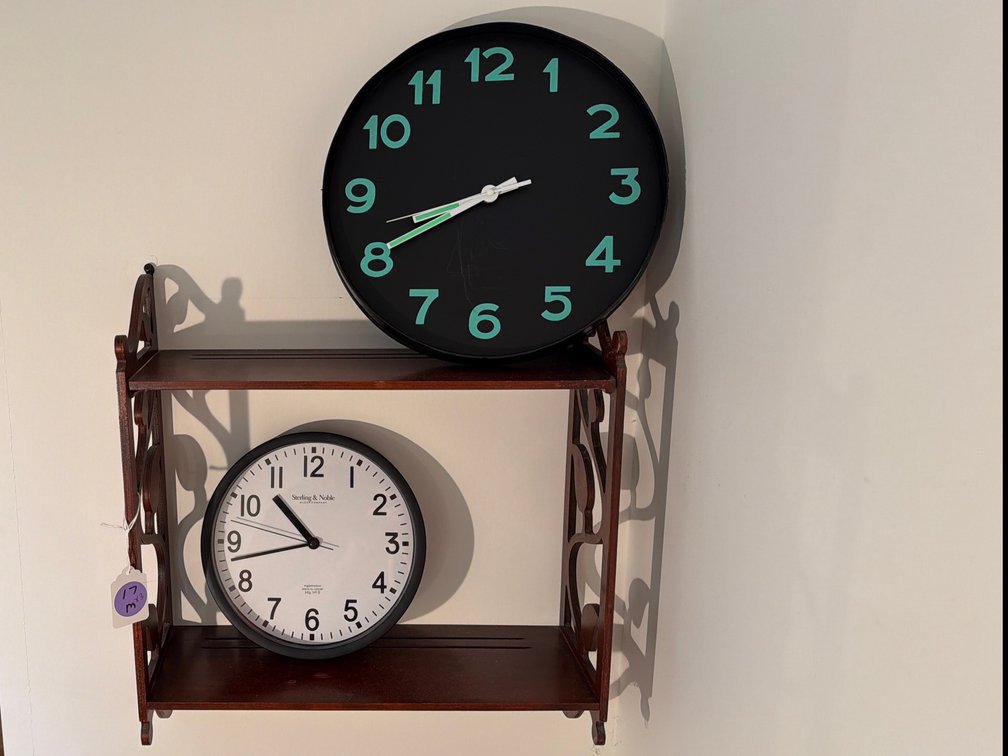 Vintage Wooden Wall Shelf & Two Modern Wall Clock x3