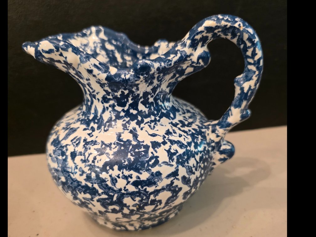 Vintage  Pottery Spongeware Pitcher | Blue & White Stoneware Creamer Jug