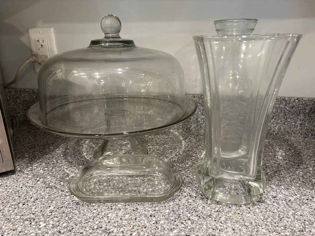 Glass Cake, Vases, and Butter Dish Set