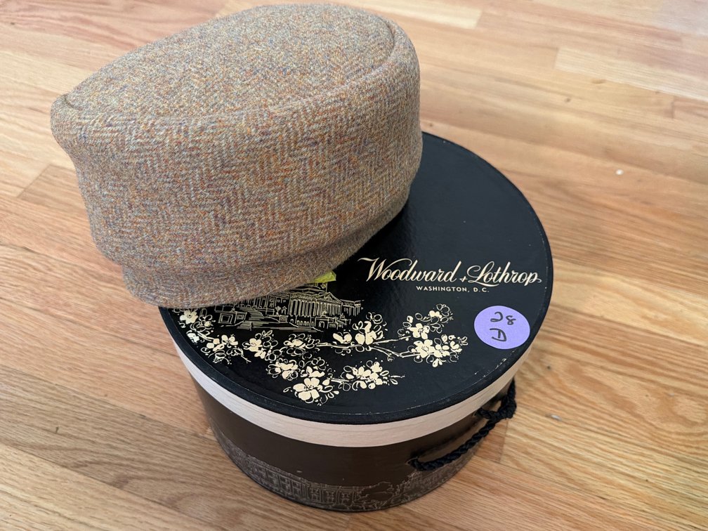 Vintage Tweed Pillbox Hat with Woodward & Lothrop Washington D.C. Hatbox & Leather Brown Loafers