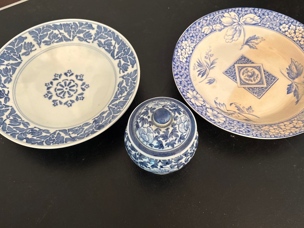 3 piece collection of blue and white decorative bowls and lidded jar
