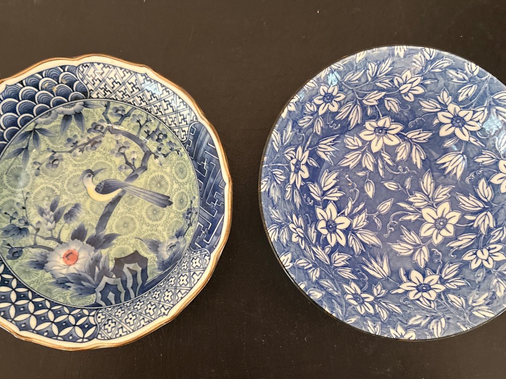 Imari Style Gilded Bird Bowl & Dense Blue Floral Dish (x2)
