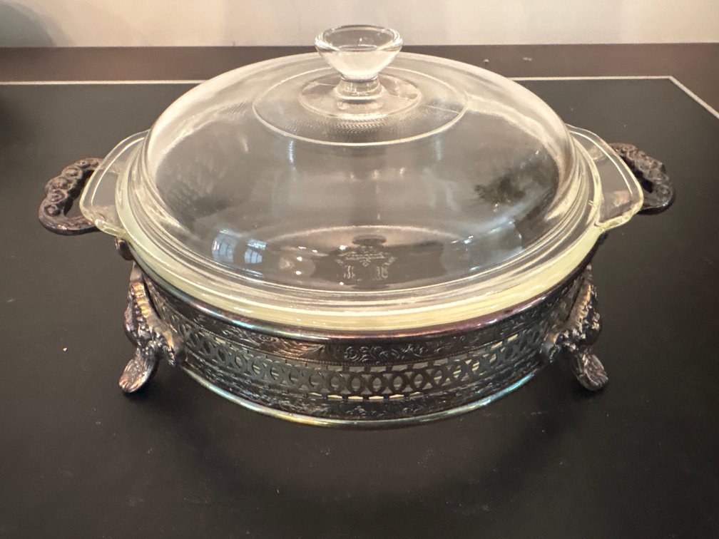 Anchor Hocking Glass Casserole Dish in Silverplate Footed Frame Cradle Holder with Lid