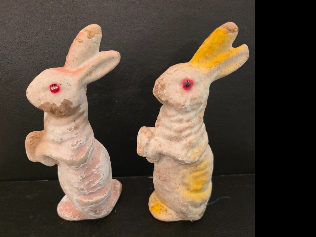 Vintage German paper-mâché or molded pulp Easter bunny candy container 7.5" Tall