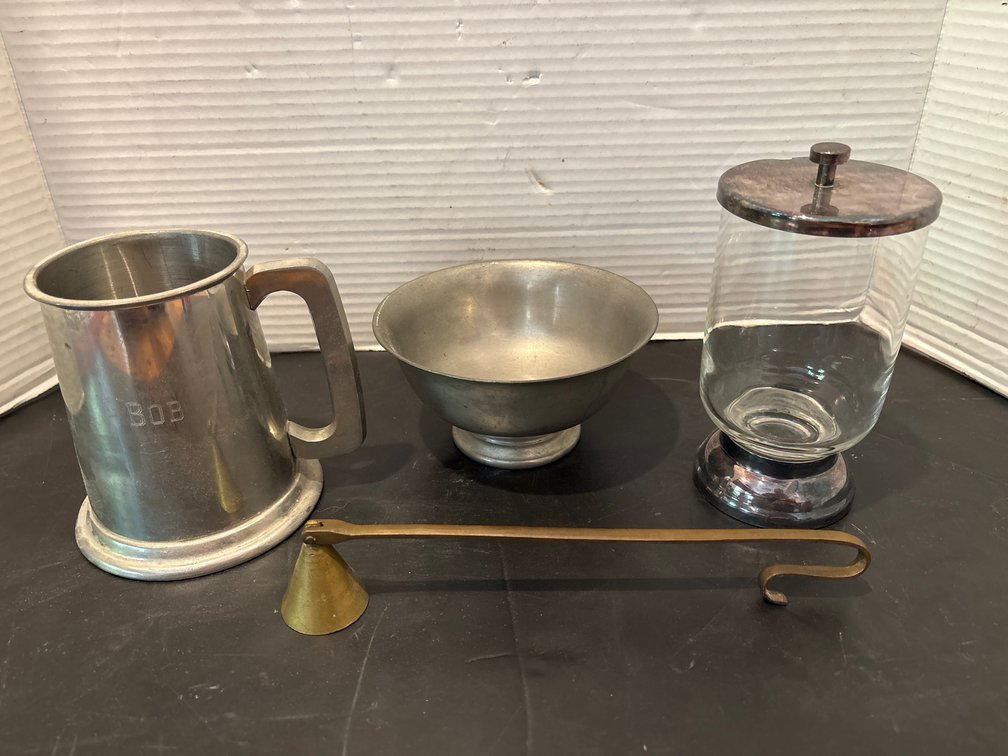 Pewter Tabletop Bowl & Cup, Candle Snuffer, Glass Jar