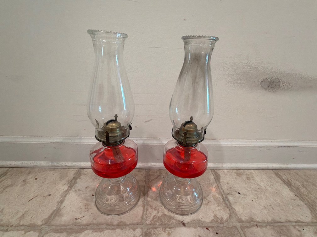 Pair of Vintage Red & Clear Glass Oil Lamps with Chimneys